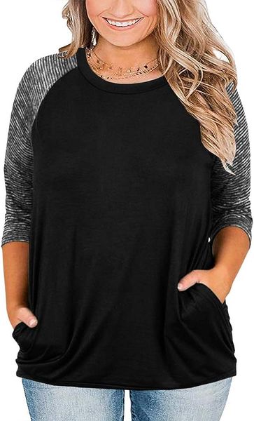 

womens tshirt plus size raglan shirt 3/4 sleeve short sleeve striped crew neck tunic with pockets, White