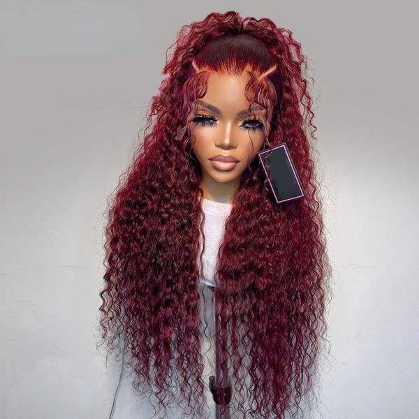 

99J Brazilian Burgundy Lace Front Wig 40 Inch Deep Wave Frontal Wig 13x4 Garnet Red Curly Lace Front Simualtion Human Hair Wigs Preplucked, Black