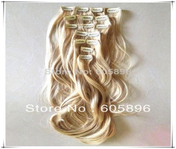 

7pcsset 20inch 180g quality synthetic 16 clips on hair extensions wavy blonde 8898740, Black;brown