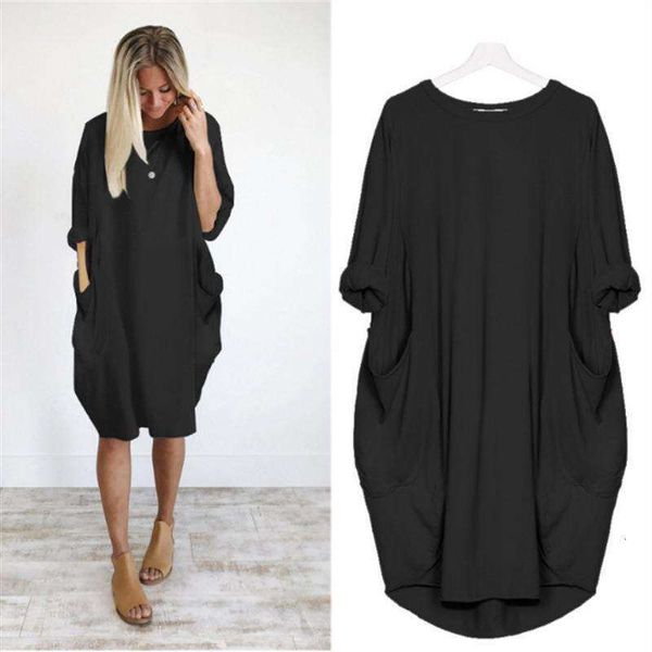 

womens casual loose pocket long sleeved large sized fat sister dress, Black;gray