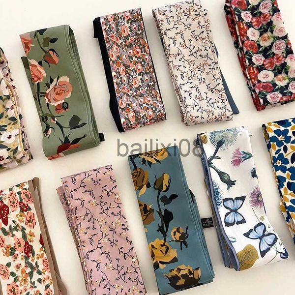 

scarves sweet floral silk scarf narrow small long skinny scarves for women head scarf handle bag ribbons long ribbon headscarf decoratio j23, Blue;gray