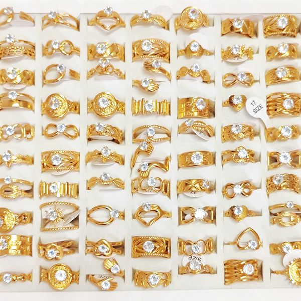 

10/20/30/50pcs mix design fashion crystal zircon wedding rings for women trendy silver gold plated party gift finger jewelry wholesale lot, Slivery;golden