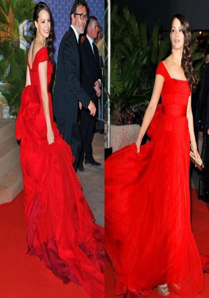

berenice bejo red chiffon evening gowns celebrity dresses charming cap sleeves bow back tank straps sweep train red carpet prom dr5893002, Black;red