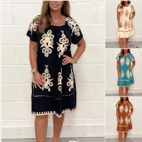 

womens large sized summer print short sleeve dress, Black;gray