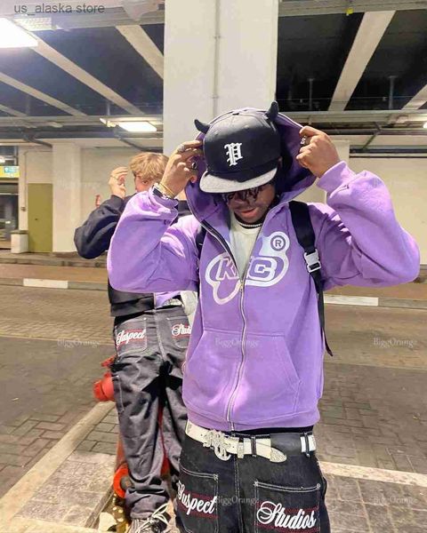 

men's hoodies sweatshirts retro letter print hoodie zipper american purple streetwear casual clothes hip hop high street oversize sweat, Black