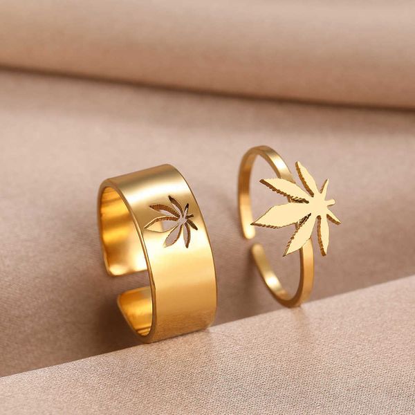 

stainless steel rings vintage maple leaf amulet fashion adjustable couple ring for women jewelry wedding eacer gift 2pcs/set, Silver