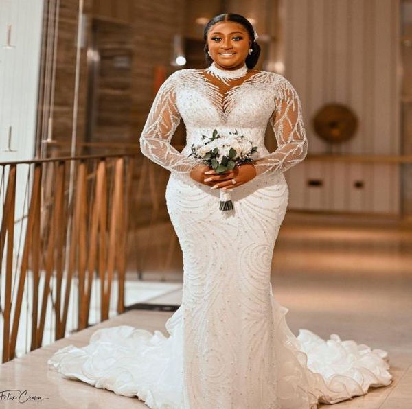 

plus size mermaid 2022 wedding gowns beaded sequined high neck modest bridal gown long sleeve robe de mariee5916485, White
