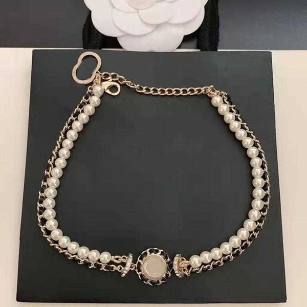 

designer jewelry necklace new woven pearl two-layer short necklace black leather sun flower neck chain collarbone