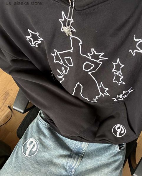 

men's hoodies sweatshirts men star letter printed hoodies harajuku high street hooded sweatshirts y2k streetwear hip hop gothic couple, Black