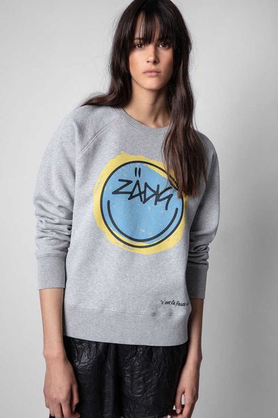 

zadig voltaire designer pure cotton sweatshirt letter smiling face upper happy printed fleece women classic fashion sweater oversized, Black