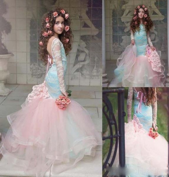 

elegant long sleeves backless blue and pink girls pageant gowns 2017 lace flower girl dress for children quinceanera party dresses3915610, Blue;red