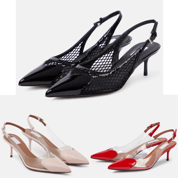 

summer women's sandals are made of patent leather and breathable mesh fabric, with a heart shaped design. pointed mid heeled shoes show, Black