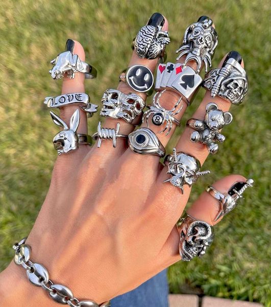 

ins gothic punk heart frog skull rings for women men vintage spider rabbit smile face ring couple fashion jewelry gift, Silver
