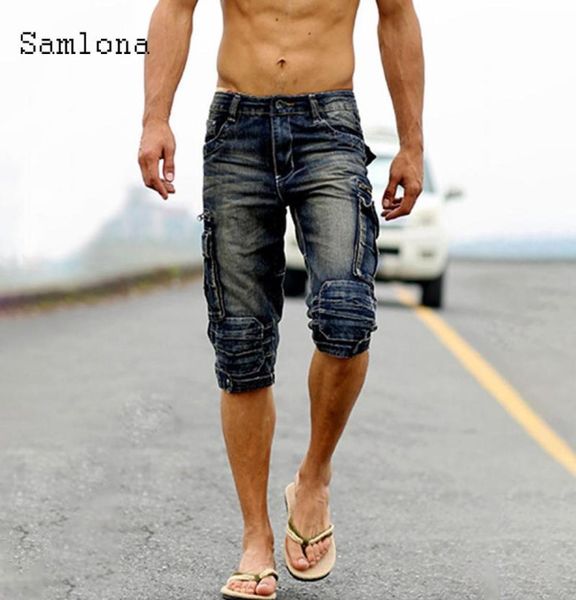

samlona men demin shorts summer new jean skinny shorts male punk style zipper multipocket dance short pants mens clothing9660508, Blue