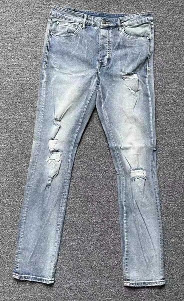 

2023 kusbi jeans mens designers pants ksb men's spring/summer washed worn-out with holes slim fitting stretch 30-408dplacdg, Blue