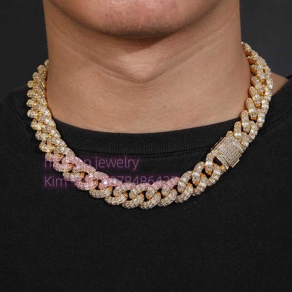

pass diamond tester 15mm baguette cut cuban chain hip hop vvs moissanite diamond 925 sterling silver custom cuban chain necklace