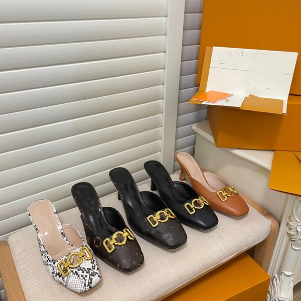

rotary high heels sandals lacquered cow leather dress shoes heavy metal chain square head quality and comfort women slipper, Black