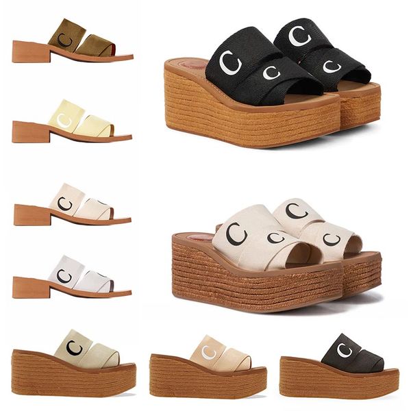 

luxury sandals woody slipper women espadrille platform wedge mules canvas slides luxury fashion back square toe flats high kitten sandels sl, Black