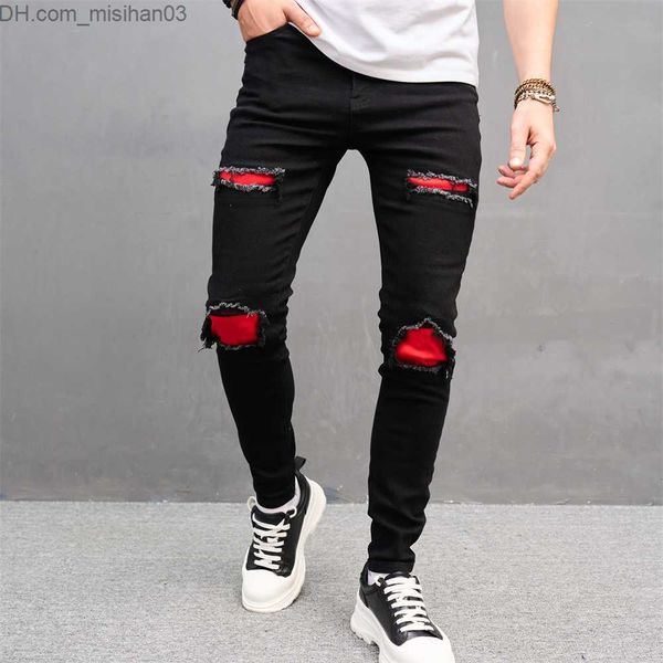 

men's pants new men's street clothing tear thin patch fashion jeans men's hole casual jeans z230801, Black
