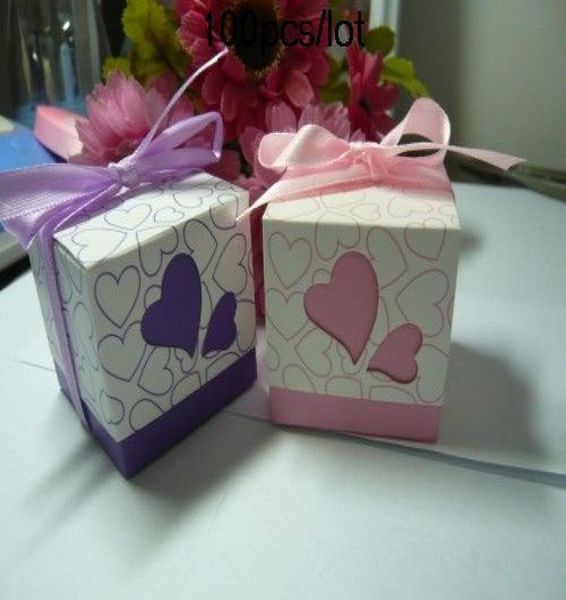 

100pcslot heart design wedding favor boxes pink and purple color for candy box and cake box love heat gift box1321370