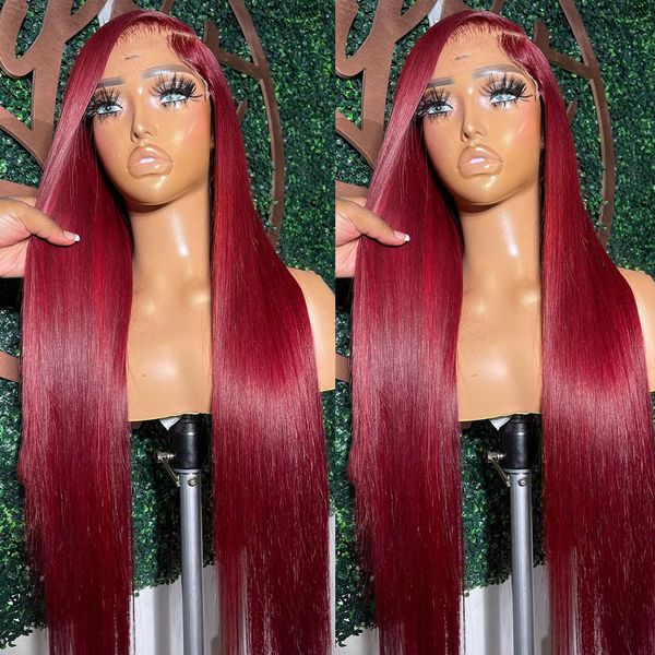 

250% 99J Burgundy Lace Front Simulaiton Human Hair Wigs Glueless Red Colored Brazilian Straight HD Lace Frontal Closure Wig 30 34 Inch, Customize