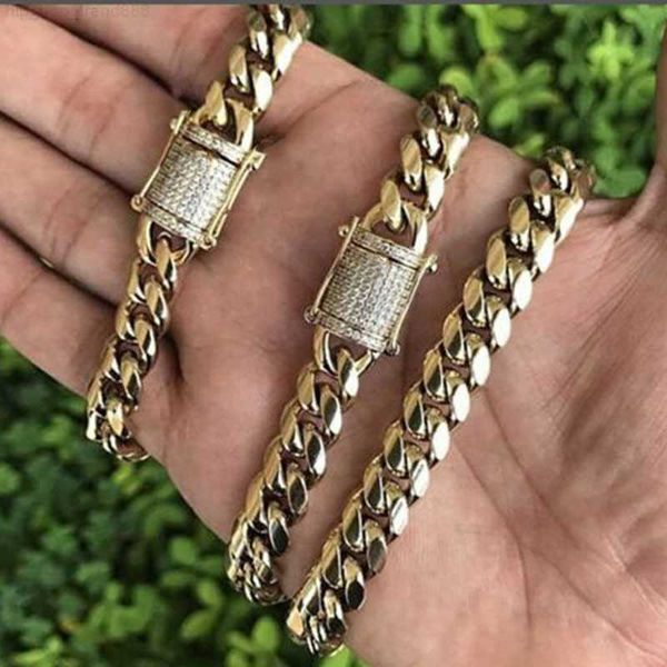 

gold colored stainless steel cuban ring chain necklace curved ring chain diamond clasp lock necklace accessories, Silver