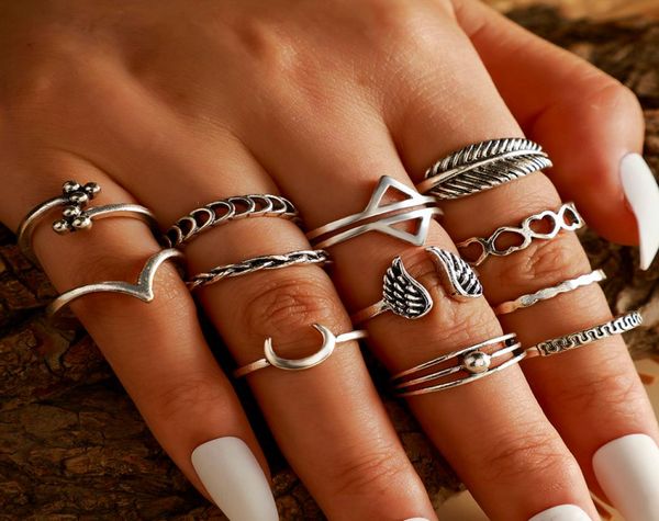 

12pcssets vintage band rings silver color heart joint for women charm moon leaf wing geometric wedding ring jewelry9076533