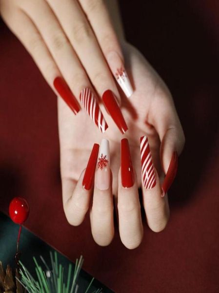 

false nails press on christmas coffin fake nail with design detachable wearable ballerina full cover tips8898444, Red;gold