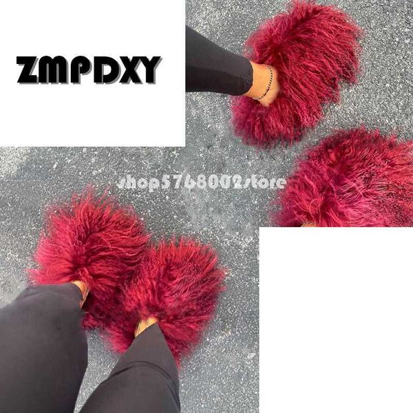

slippers women slides fashion warm flat slippers playful mongolian round toe fur slippers long hair girls shoes flip flops, Black
