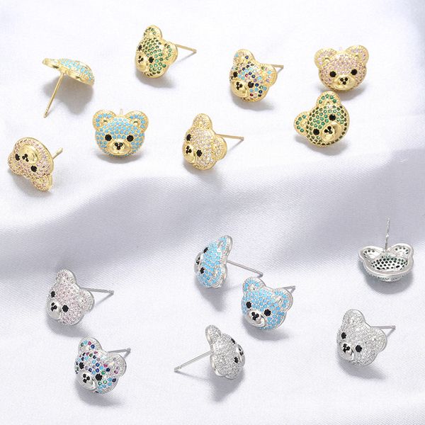 

cz micro pave cute bear stud earring copper earrings for women gift, Golden;silver
