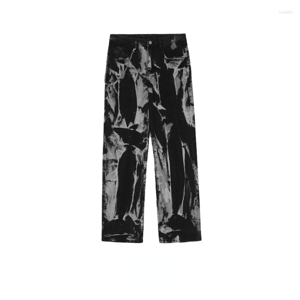 

men's pants 2023 dark streetwear tie dye tassel distressed men straight jeans casual women loose denim trousers pantalones casuales, Black