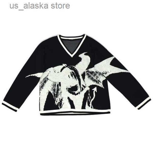 

men's sweaters cartoon y2k harajuku kawaii punk retro cute round neck pullover sweater pattern knitted warm loose oversized sweatshirt, White;black