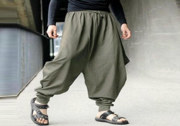

marchwind brand plus size cotton linen harem pants men baggy pants japanese style mens crotch wide leg pants casual loose trousers4236729, Black