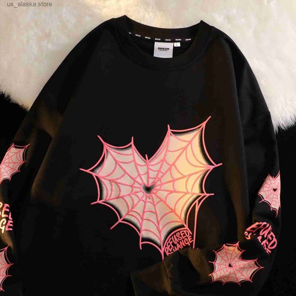 

men's hoodies sweatshirts y2k spider web love print sweatshirt long sleeve t shirt men women new fashion casual harajuku loose oversize, Black