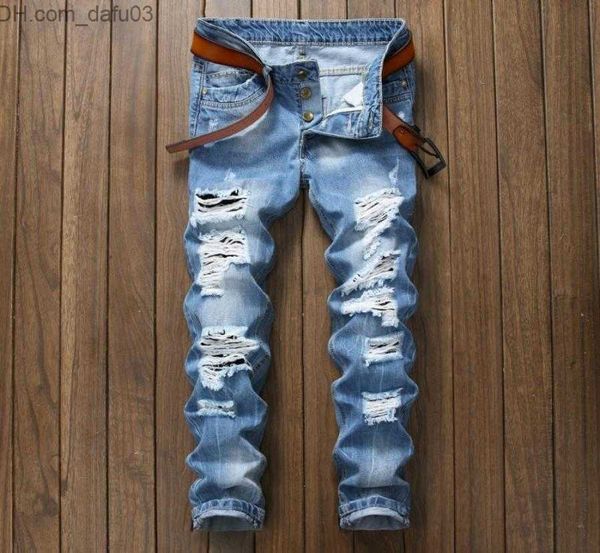 

men's jeans denim trousers straight washed with pleated ripped holes button skinny biker jeans blue 2018 slim fit jeans men pants 89810