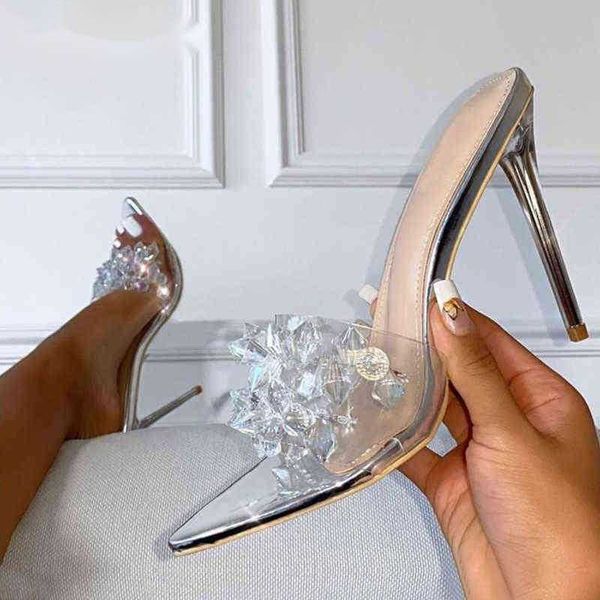 

sandals new elegant crystal pvc women slippers summer pointed toe high heels slides woman party shoes pumps silver 220232, Black