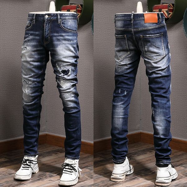 

classic 5 pocket vintage fade denim jeans man slim fit, Blue