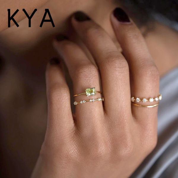 

925 sterling silver fresh mint green zircon rings for women minimalist crystal thin slim stackable finger rings jewelry, Golden;silver