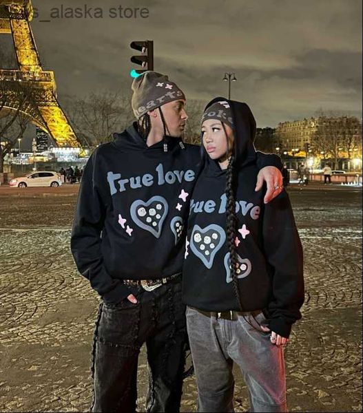 

men's hoodies sweatshirts street retro new heart-shaped hooded print harajuku sports hooded sweater for men and women y2k all-match loo, Black