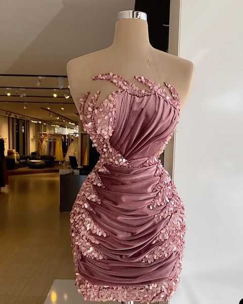 

2023 cocktail dresses arabic sequined lace velvet beaded short mini sheath evening prom party dress homecoming gowns, Black