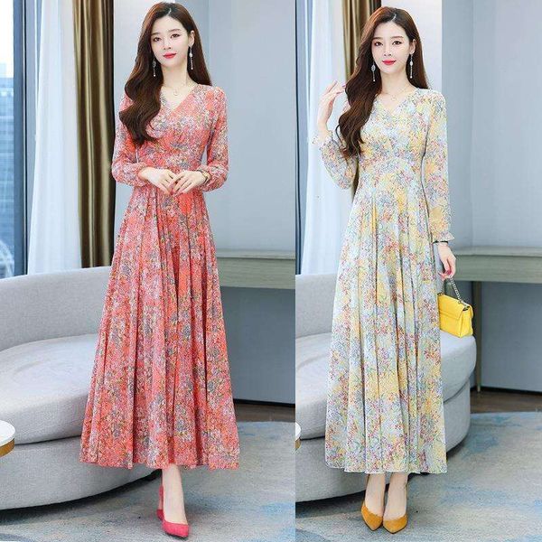 

floral chiffon long sleeve dress spring and summer womens temperament french ankle, Black;gray