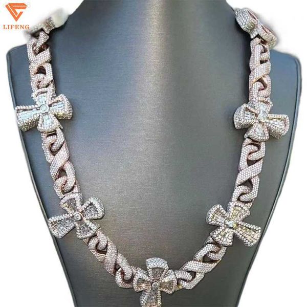 

rapper cool jewelry design s925 silver gold plated baguette iced out moissanite diamond cross cuban chain hip hop jewelry