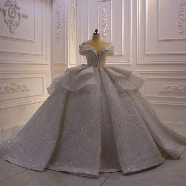 

luxury charming shiny sweetheart neck lace up ball gown shine wedding dress 2023 off the shoulder tiered princess bridal gown, White