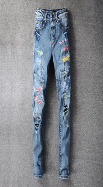 

2021 clothing pants men women t shirts panther print army green destroyed mens slim denim straight biker skinny jeans men92966914988446, Blue