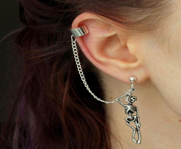 

dangle chandelier hanging skull clip earrings for women silver color piercing asymmetry tassel chain ear accessories punk gothic6282133