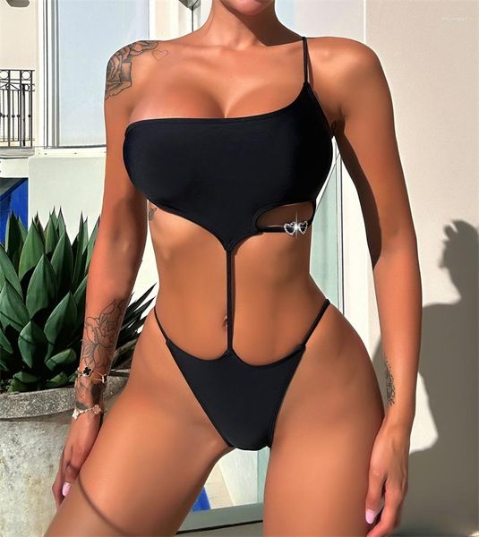 

women's swimwear heart shaped decoration solid color one shoulder one-piece women swimsuit bikini beach resort, White;black