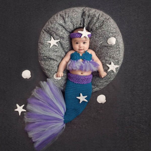 

keepsakes born baby cute girl clothes set blue mermaid knit costume pography prop crochet handbands girls children clothing sets 230801