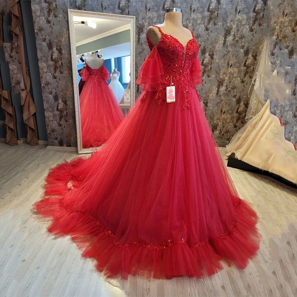 

dubai red spaghetti strap a-line luxury v-neck evening dresses sleeveless diamond beads tull formal gown serene party dress, Black;red