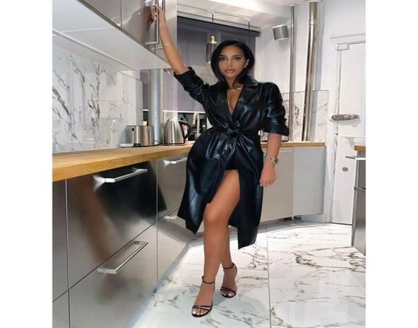 

women autumn pu leather long sleeve dress with belt black high waist v neck dresses for office ladies elastic club outfits2614238, Black;gray