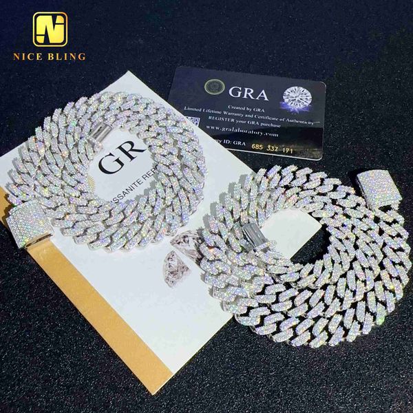 

12.6mm miami cuban link vvs moissanite diamond hip hop cuban necklace bracelet prong setting 925 sterling silver fashion jewelry